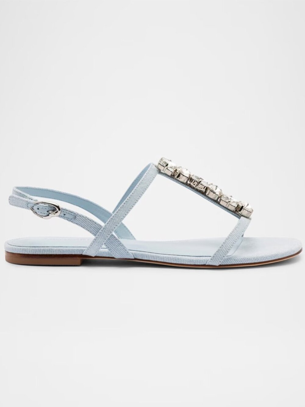 Larroude Calypso Embellished Denim Flat T-Strap Sandals Size 8
